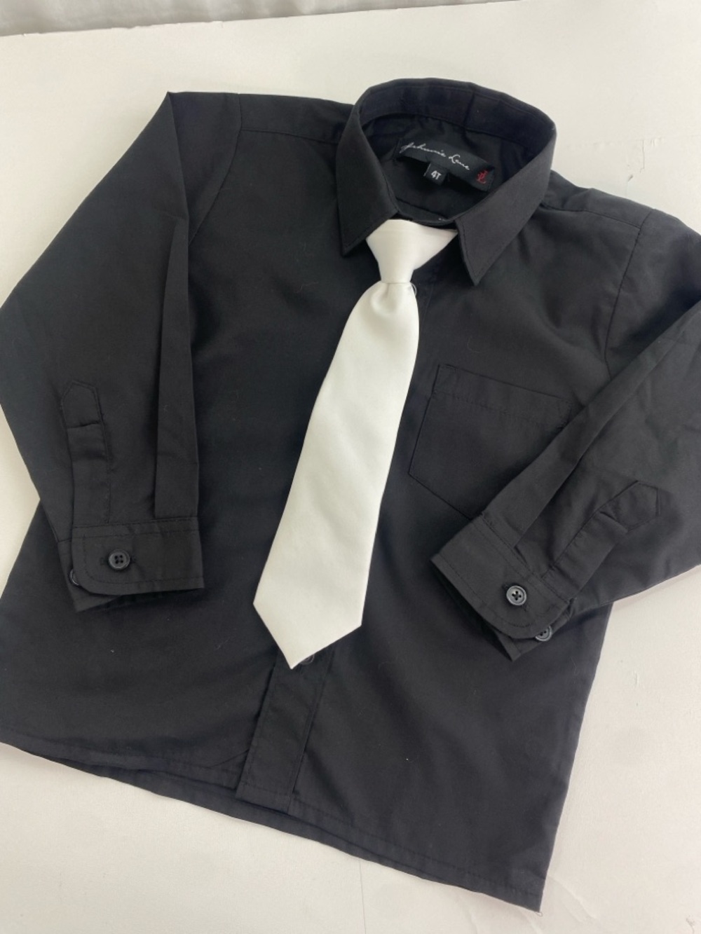 Johnnie Leme Boys Button Down Black Dress Shirt Size 4T White Satin Clip-on Tie